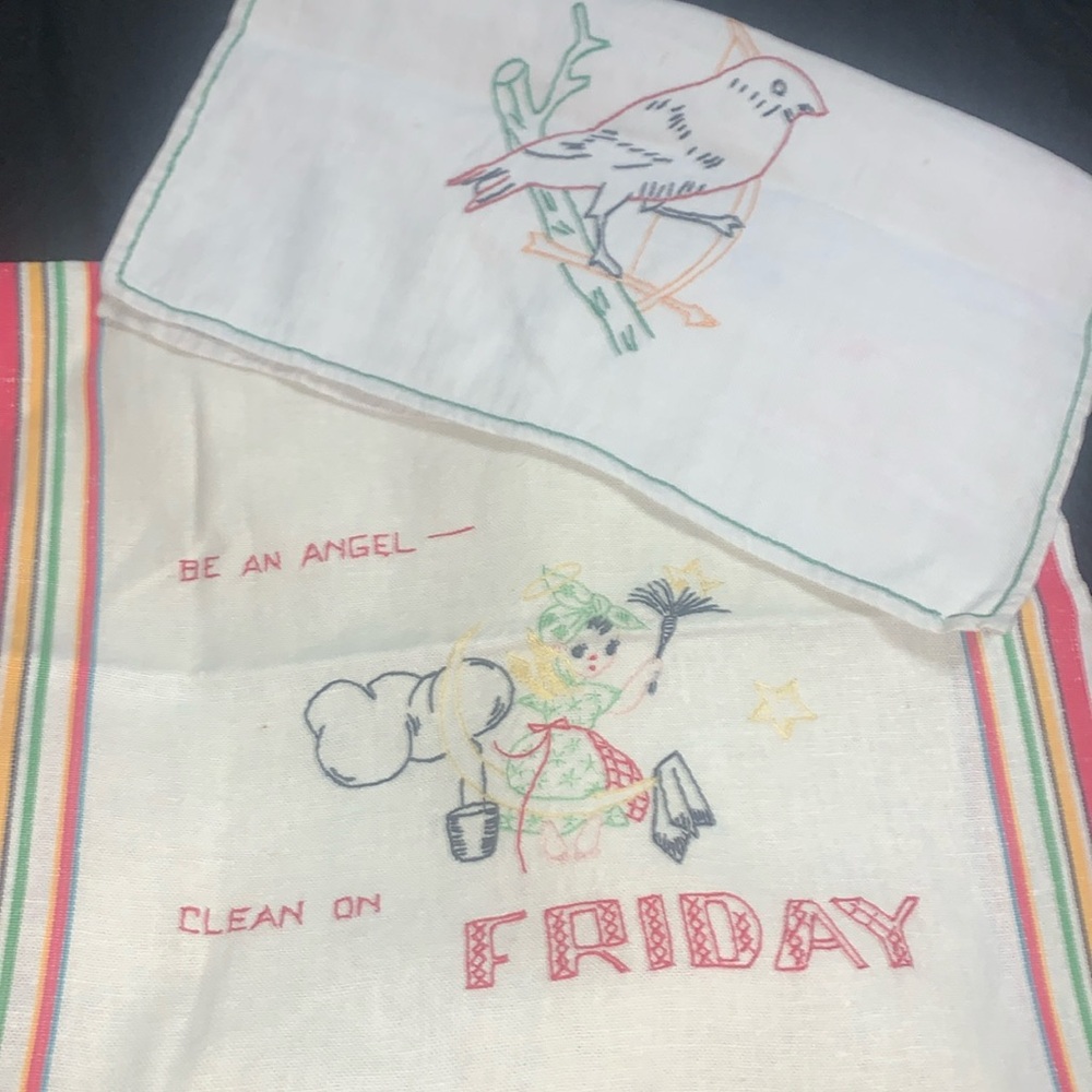 2 Vintage Oversized Embroidered Kitchen Towels.. CLEAN ON FRIDAY / RED BIRD